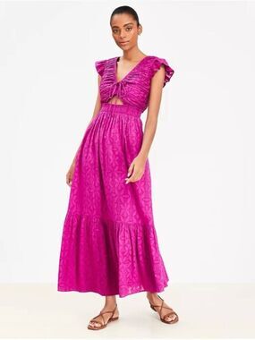 LOFT Pink Maxi Dress NWT Medium Ruffle Sleeve Cutout Boho Summer Resort
